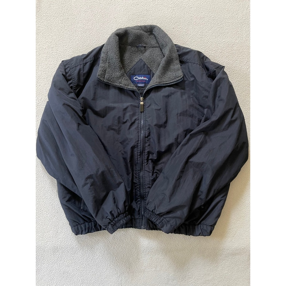 90s Vintage Catalina Mens Large Bomber Jacket Navy Blue Fleece Lined Full Zip